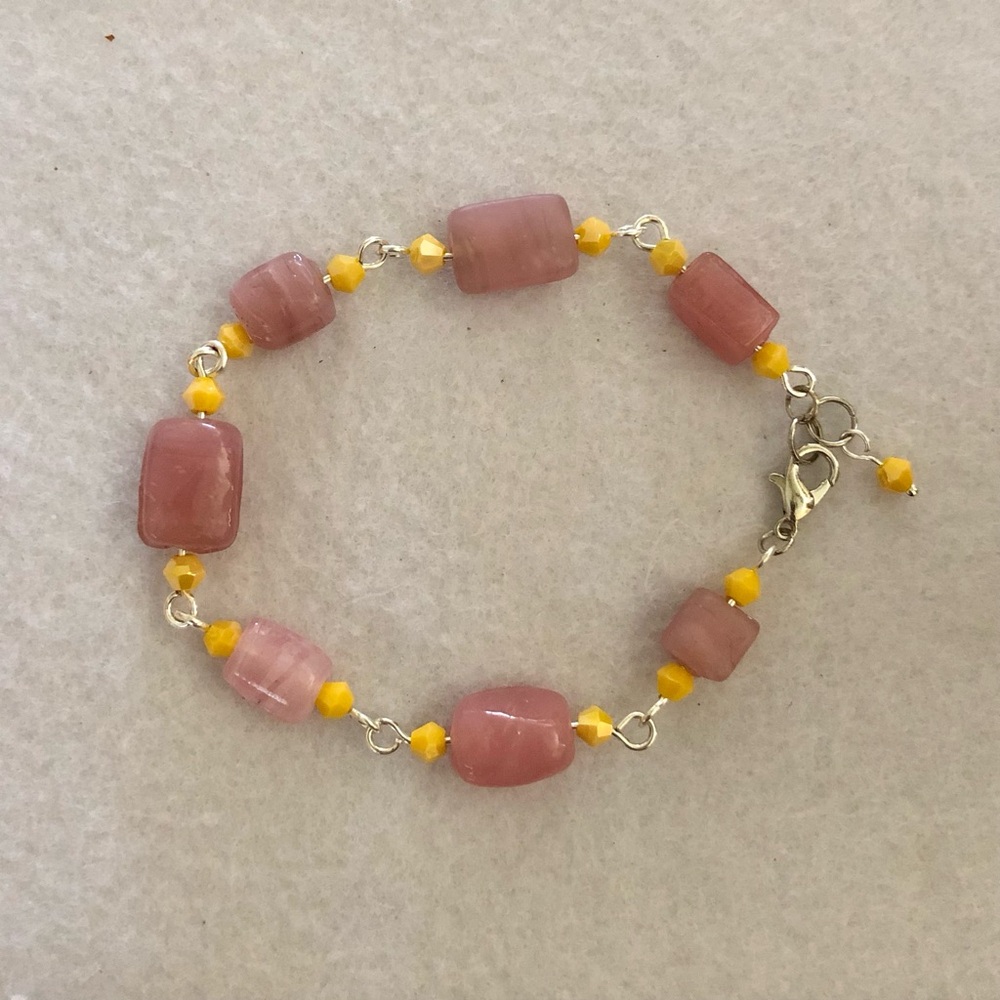 Handcrafted Beaded Bracelet, Pink And Yellow. One Of A Kind